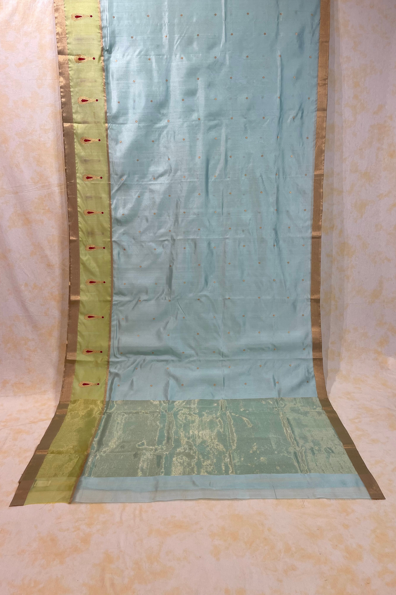 HOV Handloom Chanderi Silk Saree - Border Paisley Buta - Sky Blue - 54-01