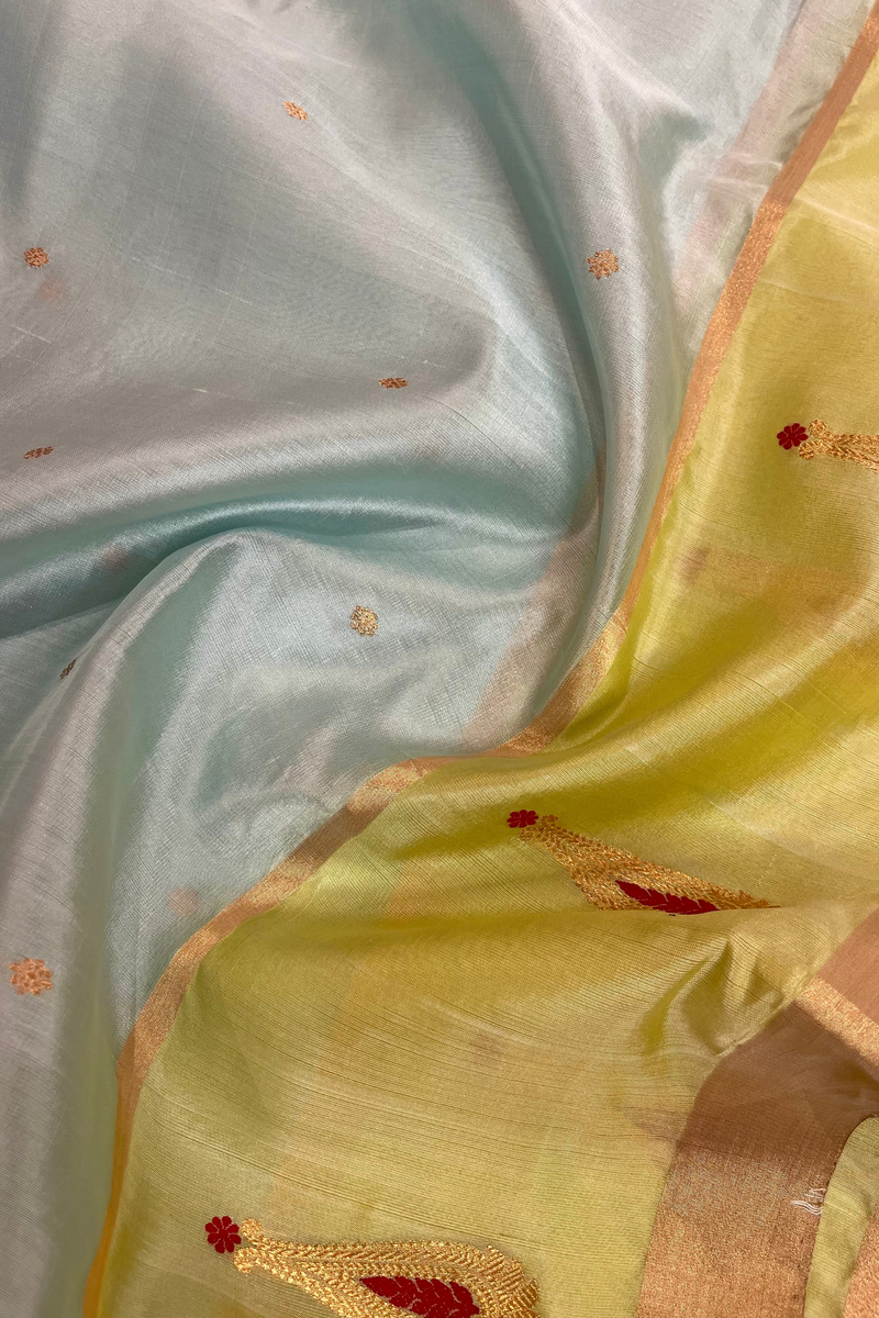 HOV Handloom Chanderi Silk Saree - Border Paisley Buta - Sky Blue - 54-01