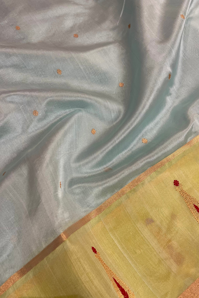 HOV Handloom Chanderi Silk Saree - Border Paisley Buta - Sky Blue - 54-01