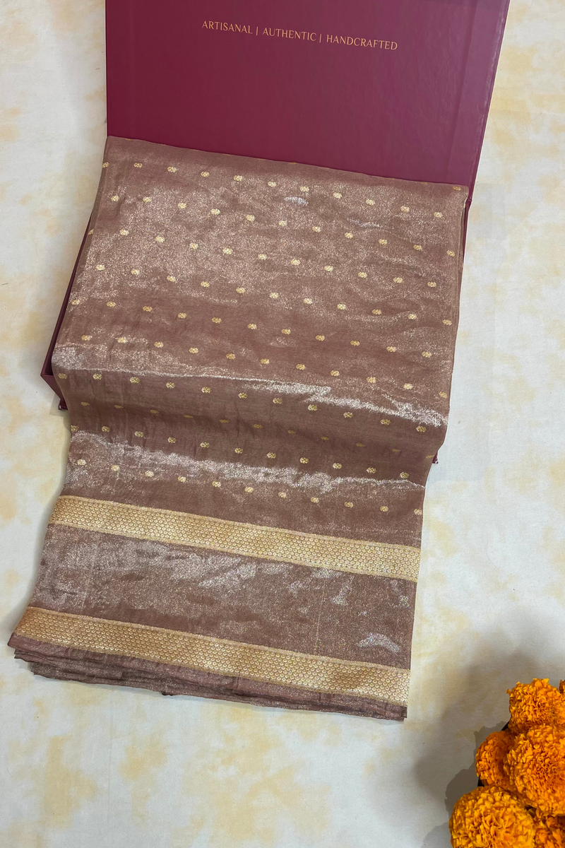 HOV Handloom Pure Zari Tissue Banarasi Katan Silk Saree - Butidar - Beige Kasturi - 087
