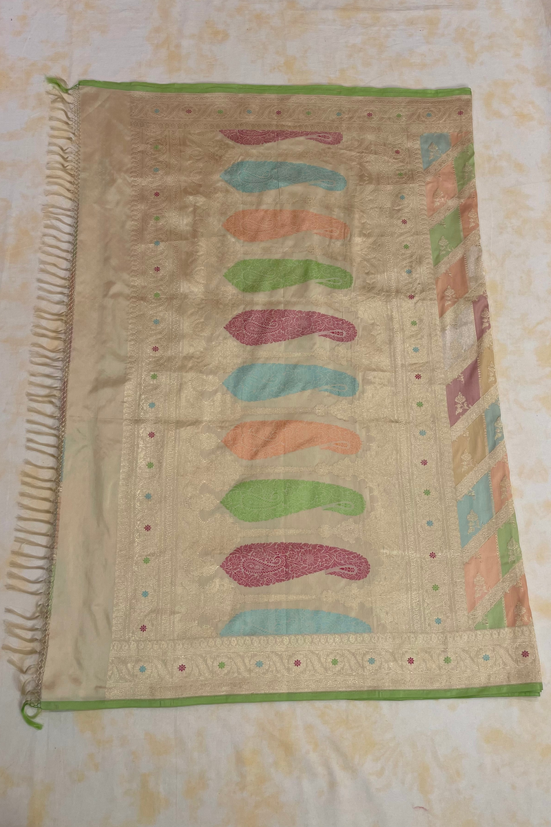 HOV Exclusive Handloom Banarasi Katan Silk Saree - Checks - Rangakat- Off White Green  - 107