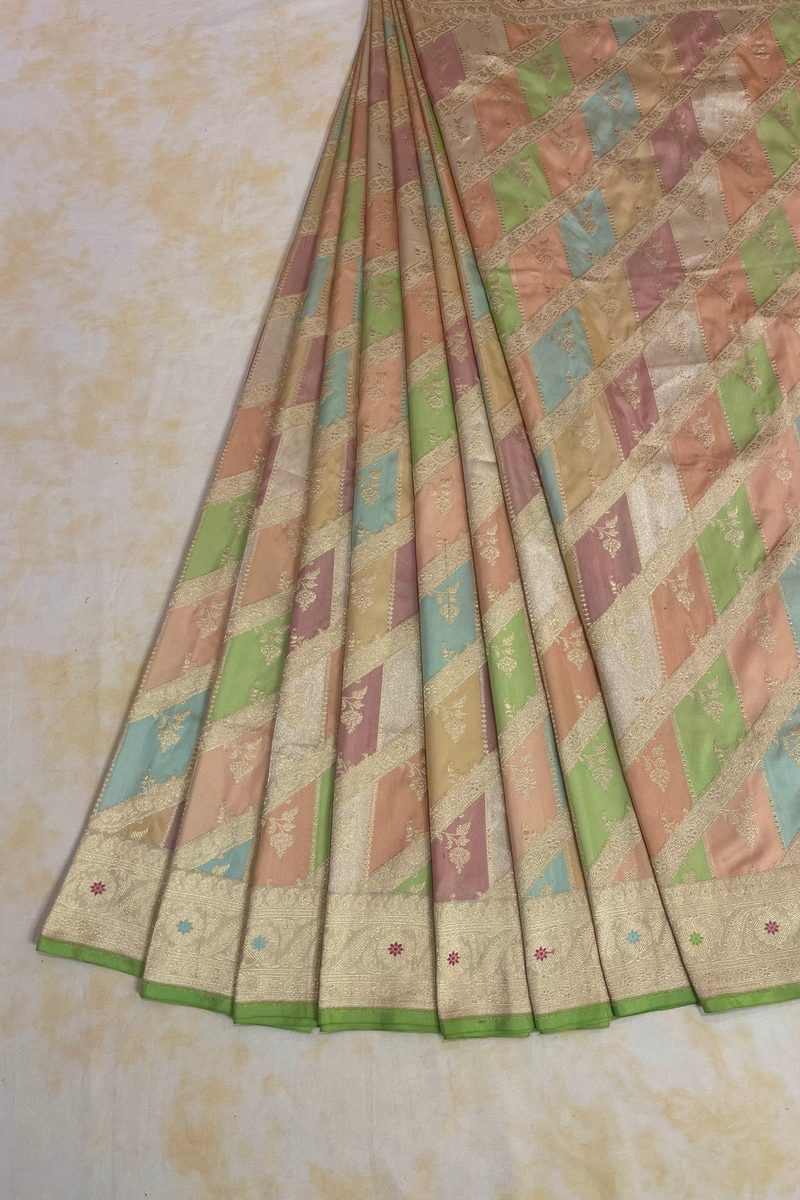 HOV Exclusive Handloom Banarasi Katan Silk Saree - Checks - Rangakat- Off White Green  - 107