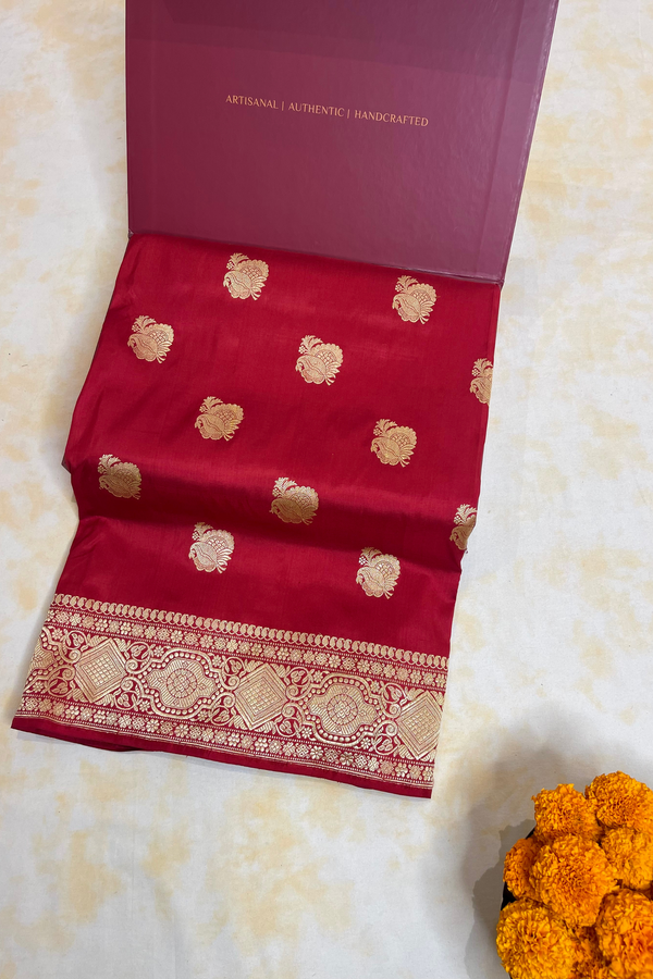 HOV Exclusive Real Zari Handloom Banarasi Katan Silk Saree - Custom Made Gold Border - Red  - 108
