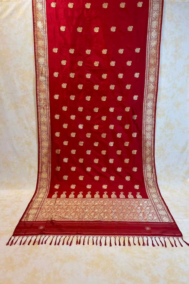 HOV Exclusive Real Zari Handloom Banarasi Katan Silk Saree - Custom Made Gold Border - Red  - 108