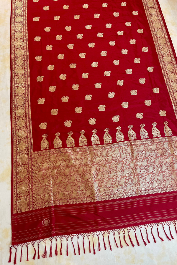 HOV Exclusive Real Zari Handloom Banarasi Katan Silk Saree - Custom Made Gold Border - Red  - 108