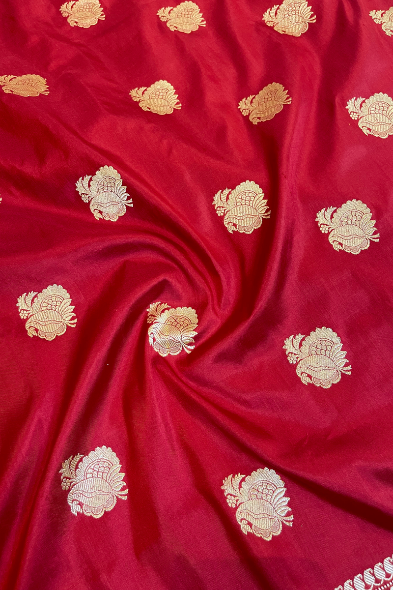 HOV Exclusive Real Zari Handloom Banarasi Katan Silk Saree - Custom Made Gold Border - Red  - 108