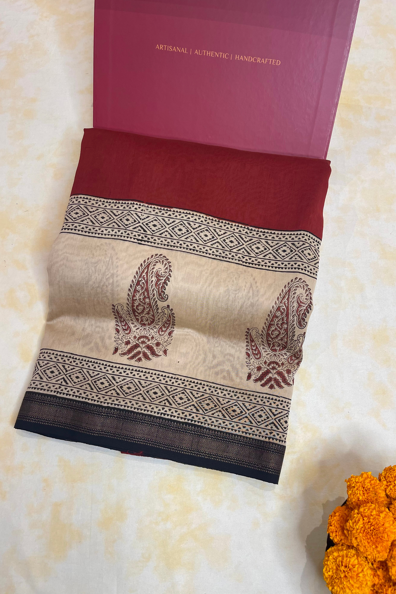 HOV Hand-Block Print Saree Zari Border - 007-01