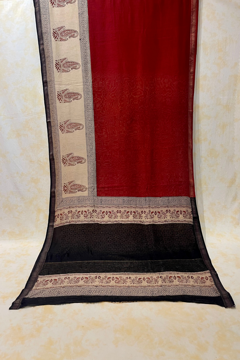 HOV Hand-Block Print Saree Zari Border - 007-01