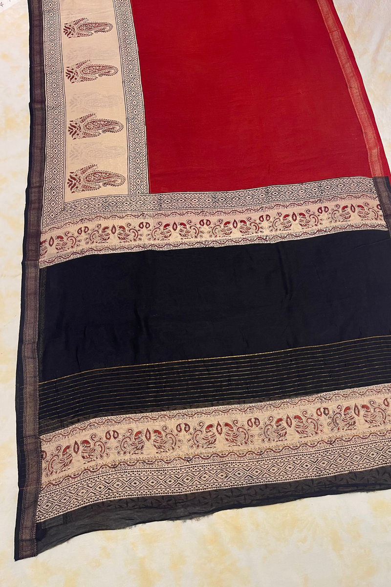 HOV Hand-Block Print Saree Zari Border - 007-01