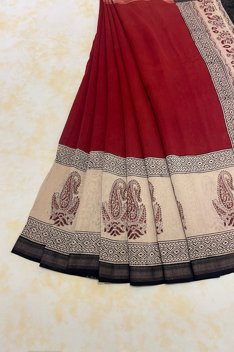 HOV Hand-Block Print Saree Zari Border - 007-01