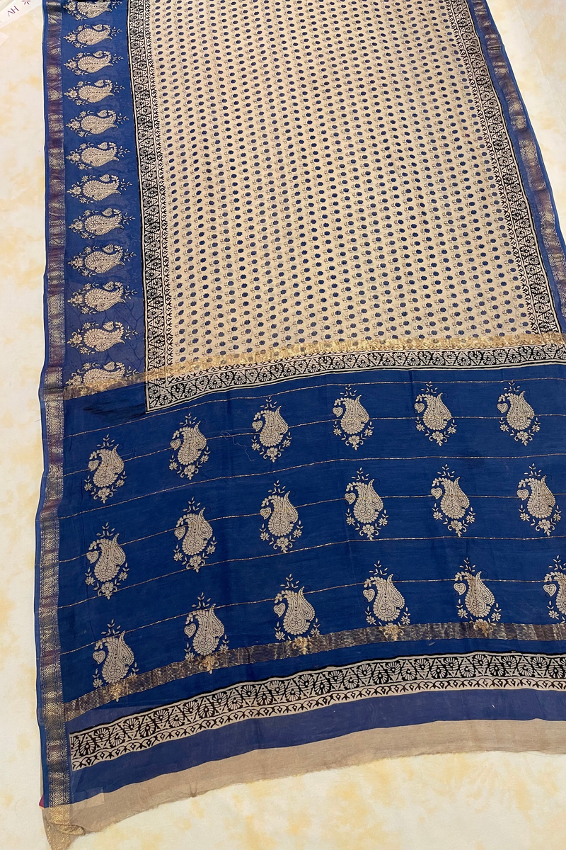 HOV Hand-Block Print Saree Zari Border - 005-01