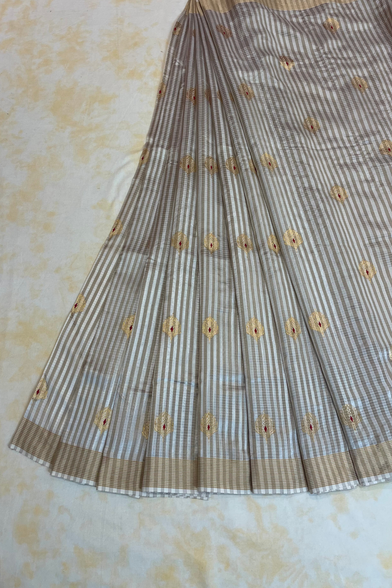 HOV Handloom Chanderi Silk Saree - Kota Silk Feather - White - 045