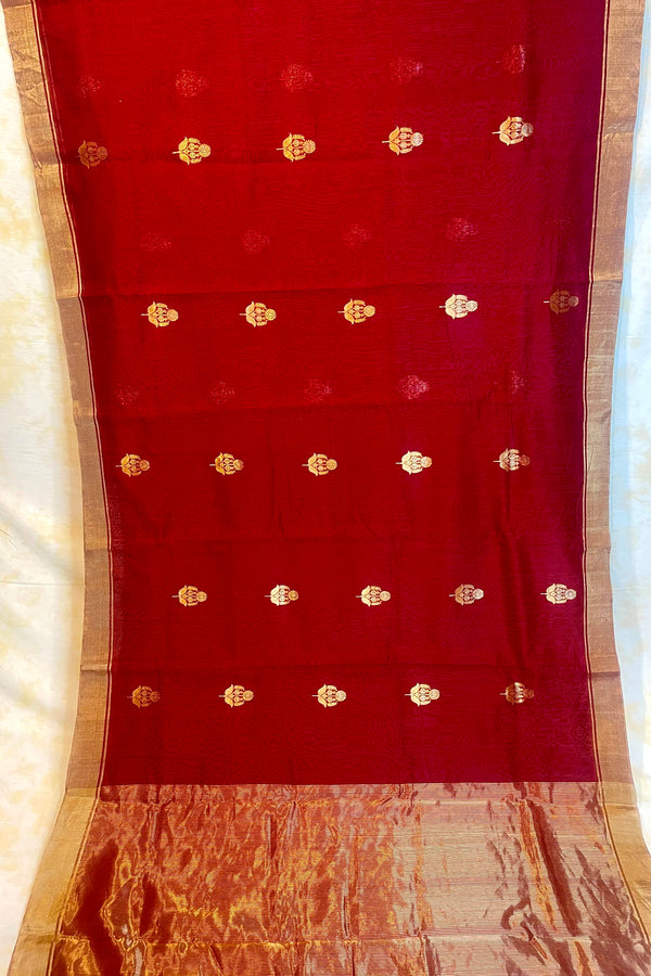 Handloom Silk Cotton Chanderi Saree - Sunflower Buta - Maroon