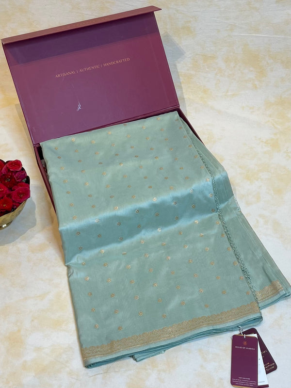 Real Zari Handloom Kadhua Banarasi Katan Silk Saree - Small Butidar - Sky Blue Minedar