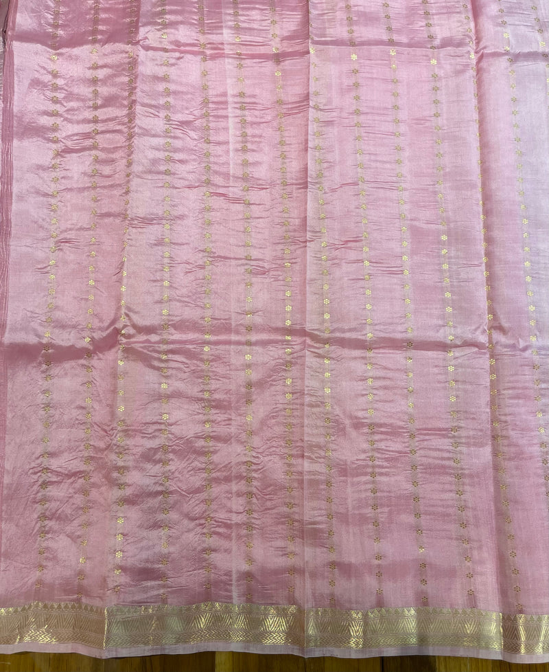 Handloom Kadhua Banarasi Silk Saree Floral Stripe - Pastel Pink