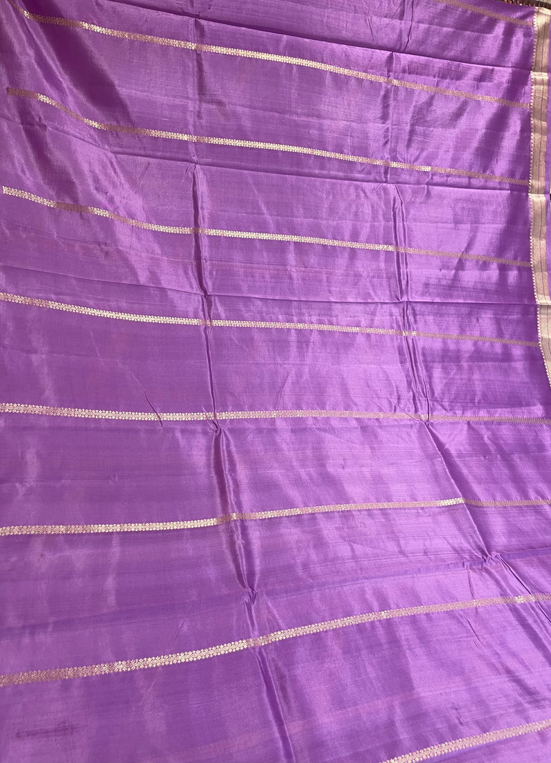 Handloom Kadhua Banarasi Silk Saree -Floral Stripe - Purple