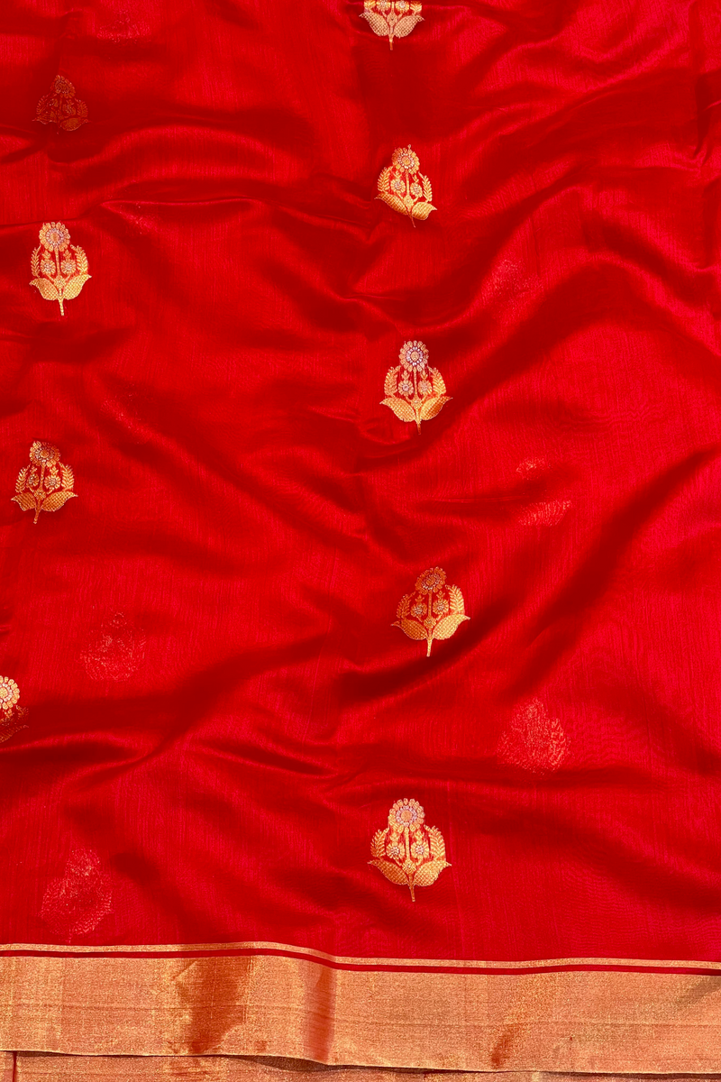 Handloom Silk Cotton Chanderi Saree - Sunflower Buta - Red