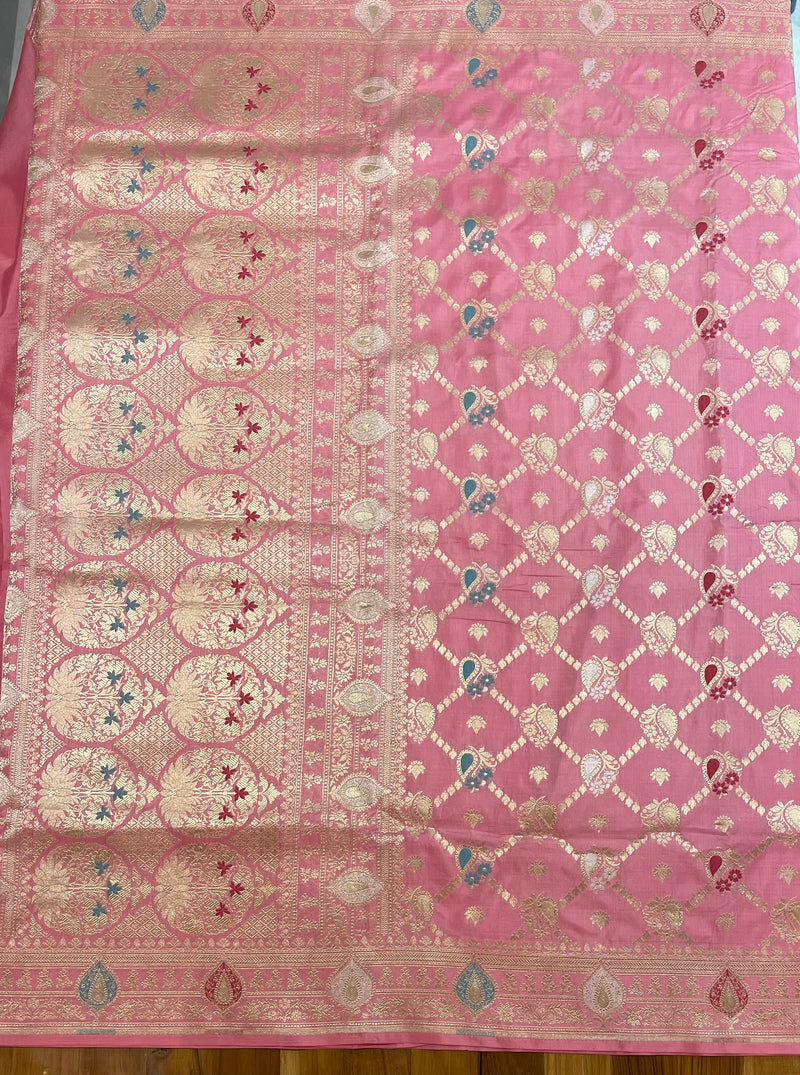 Handloom Kadhua Banarasi Silk Saree - Jaal Minedar - Aboli Pink