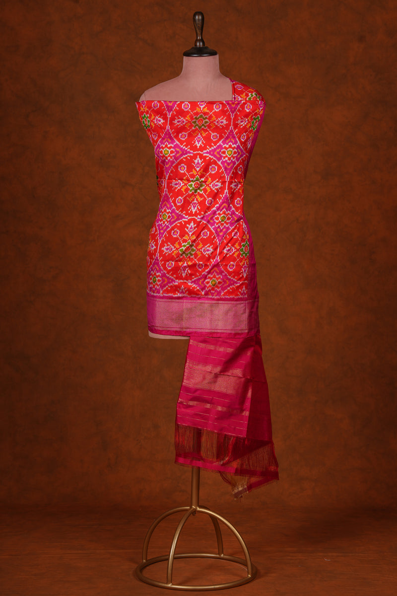 Handloom Silk Ikat Dupatta - Orange Pink