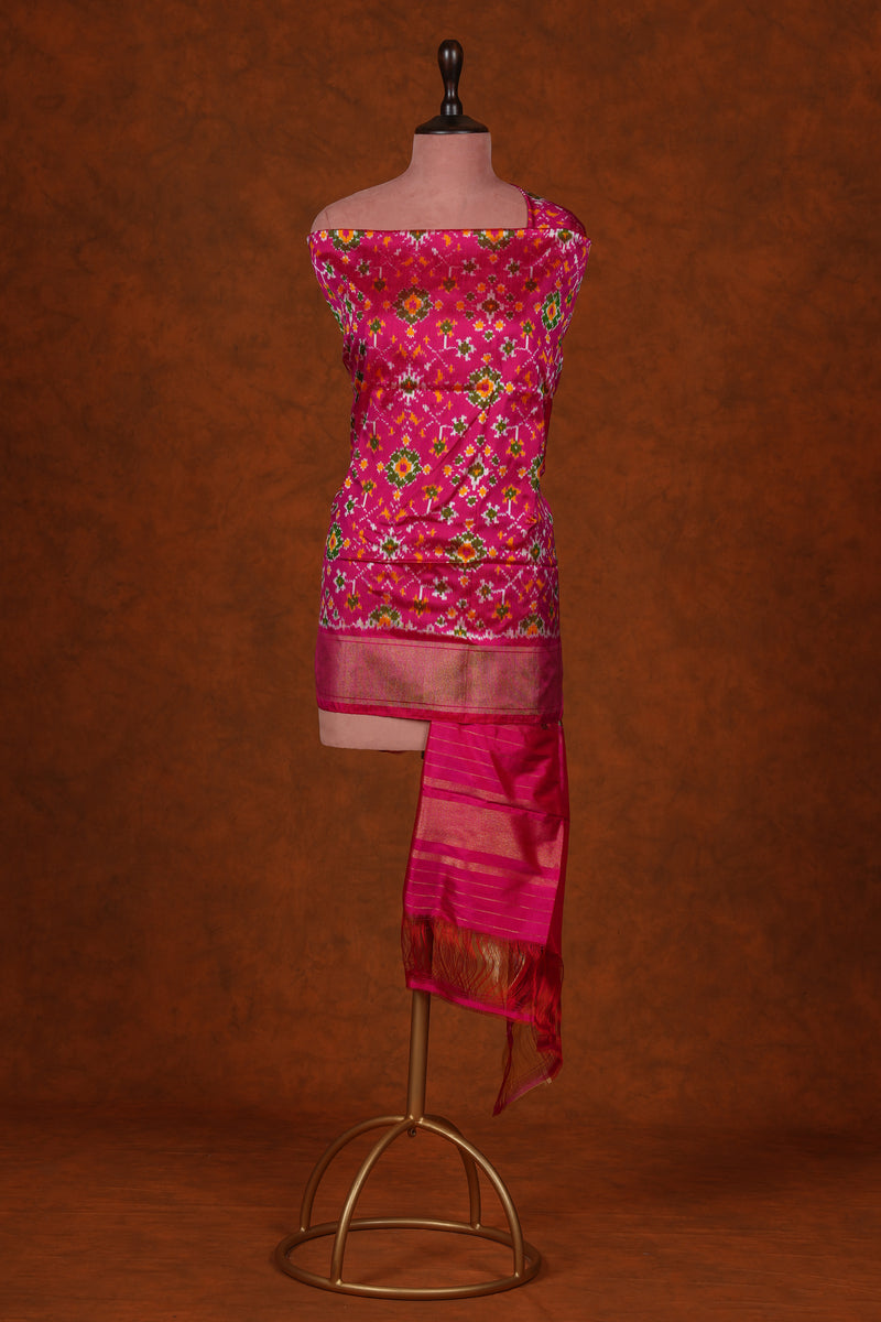 Handloom Ikat Pure Silk Dupatta - Pink Green