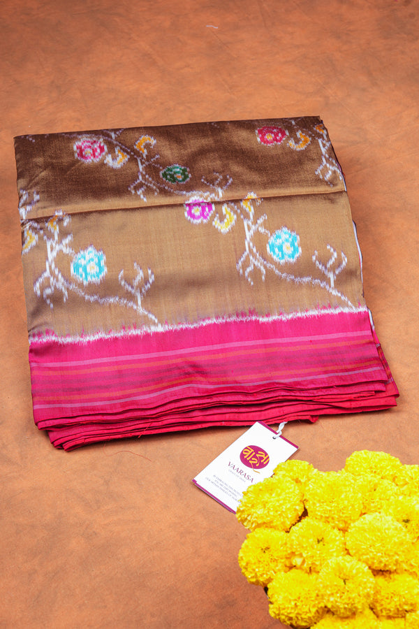 Handloom Twill Double Ikat Silk Saree- Gold floral