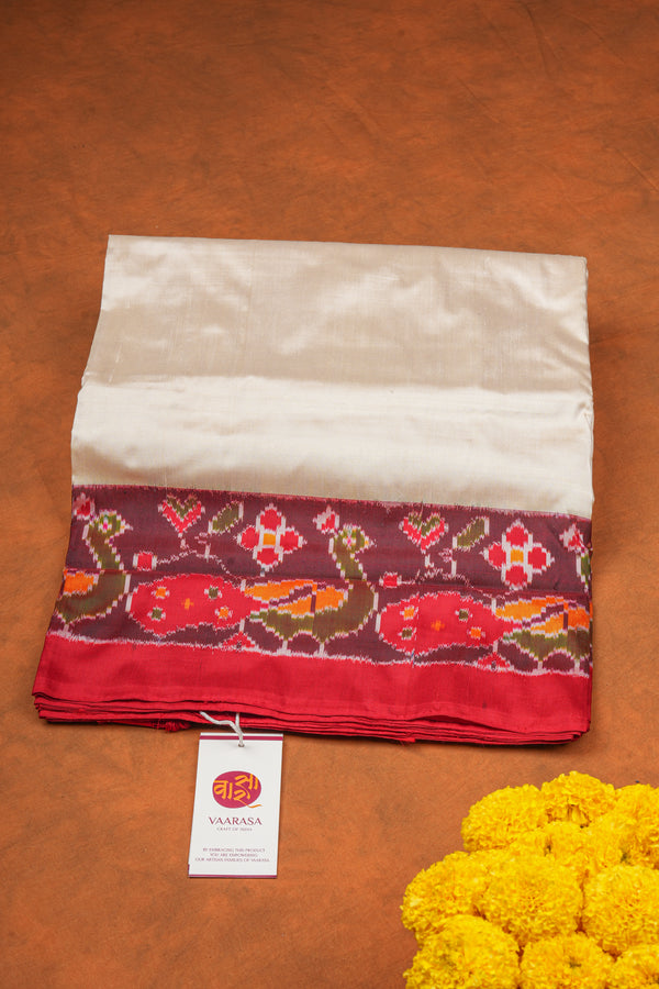 Handloom Ikat Silk Saree - Off White Red Border