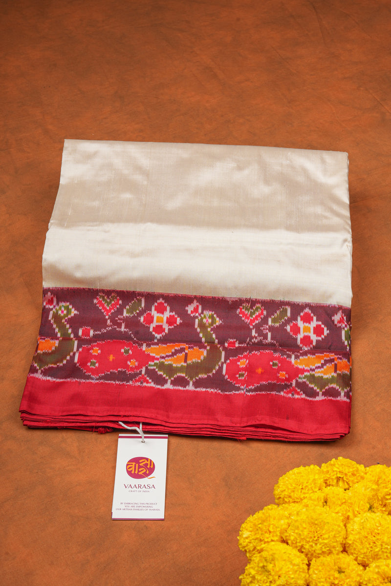 Handloom Ikat Silk Saree - Off White Red Border