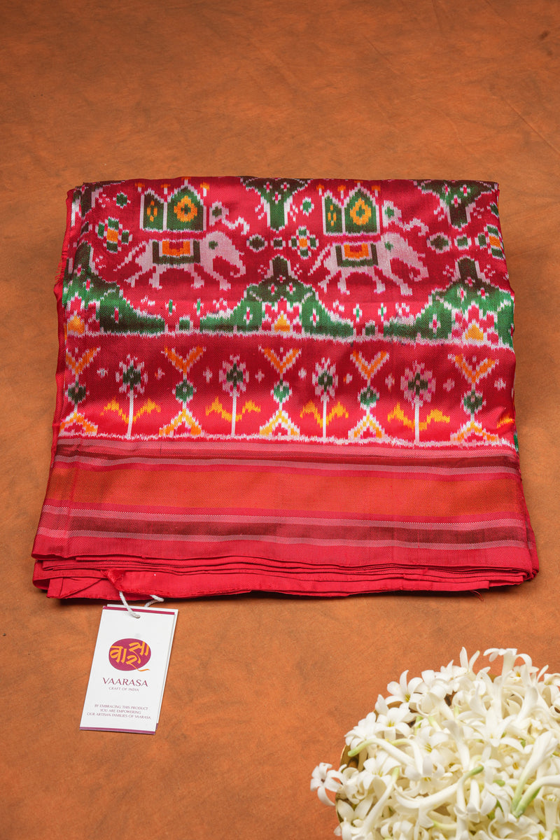 Handloom Double Ikat Twill - Red Green Elephant Motif