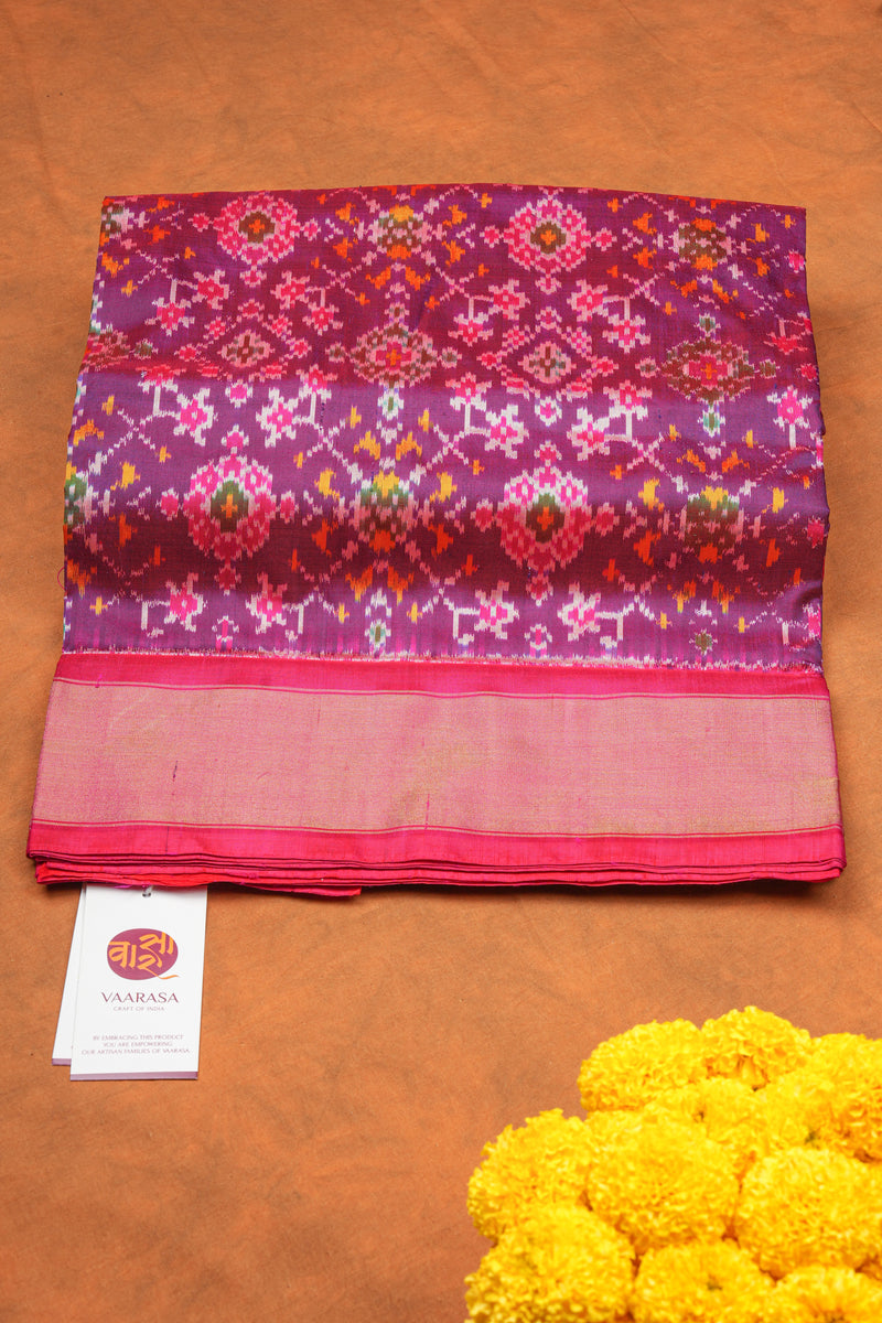 Handloom Ikat Silk Saree-Purple Pink With Pink Green Motif