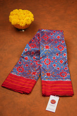 Handloom Ikat Silk Saree - Blue Red Border