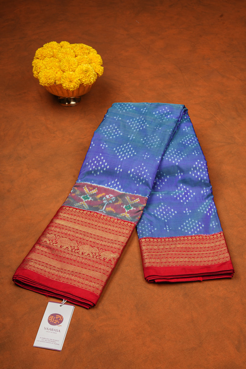 Handloom Ikat Silk Sree - Blue Red Kanchi Border