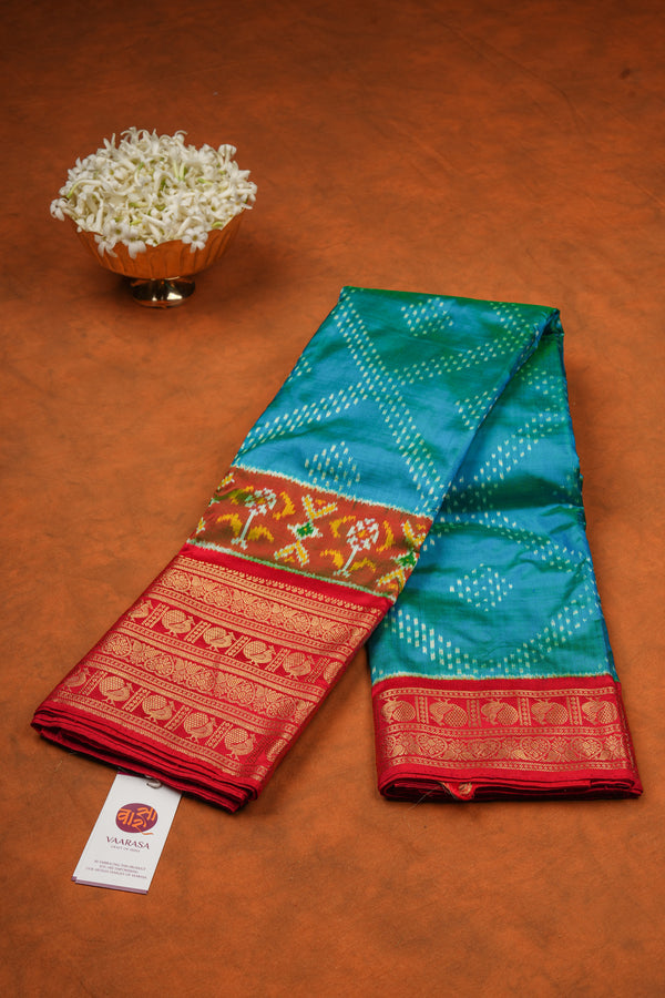 Handloom Ikat Silk Saree - Peacock Green Red Kanchi Border