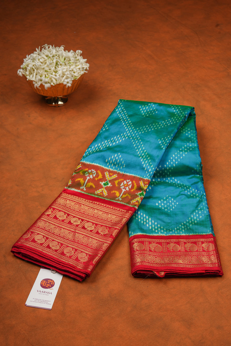 Handloom Ikat Silk Saree - Peacock Green Red Kanchi Border