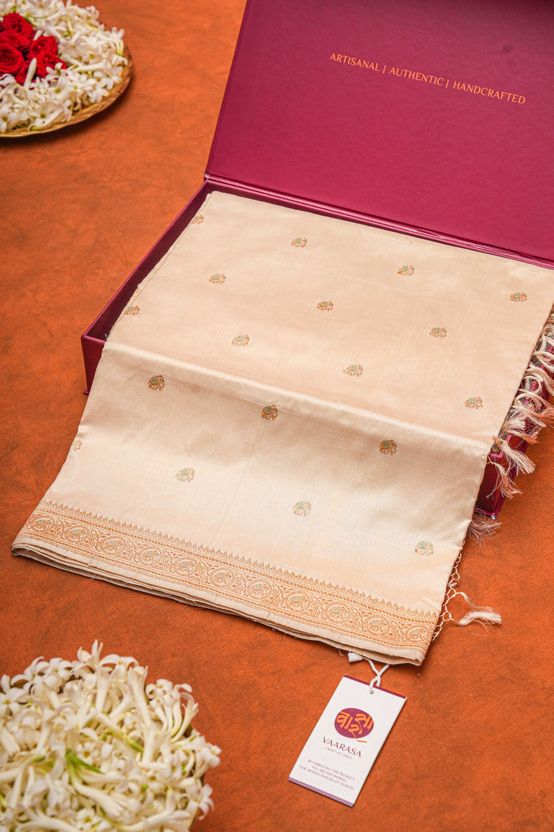 Real Zari Handloom Kadhua Banarasi Katan Silk Saree - Butidar - Off White Elephant