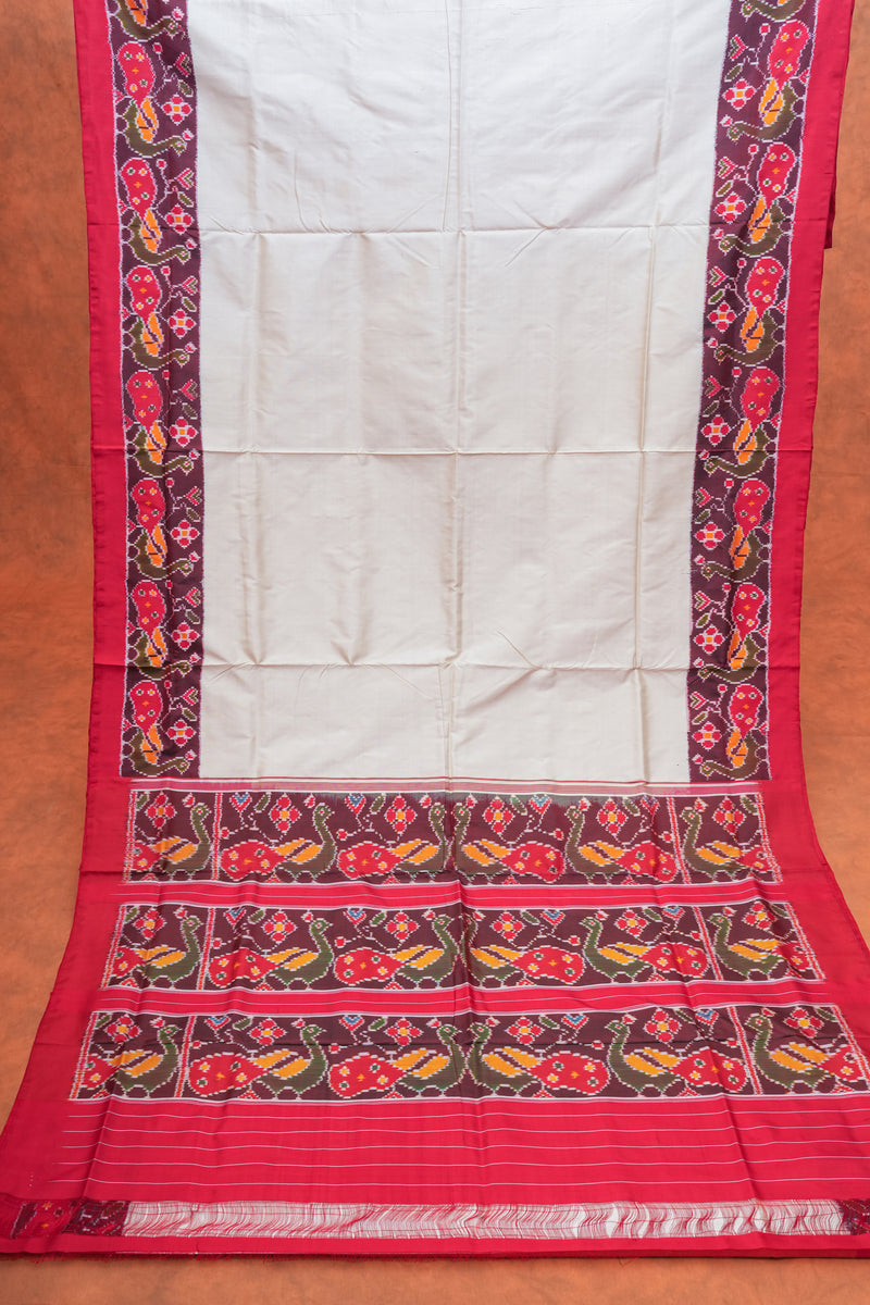 Handloom Ikat Silk Saree - Off White Red Border