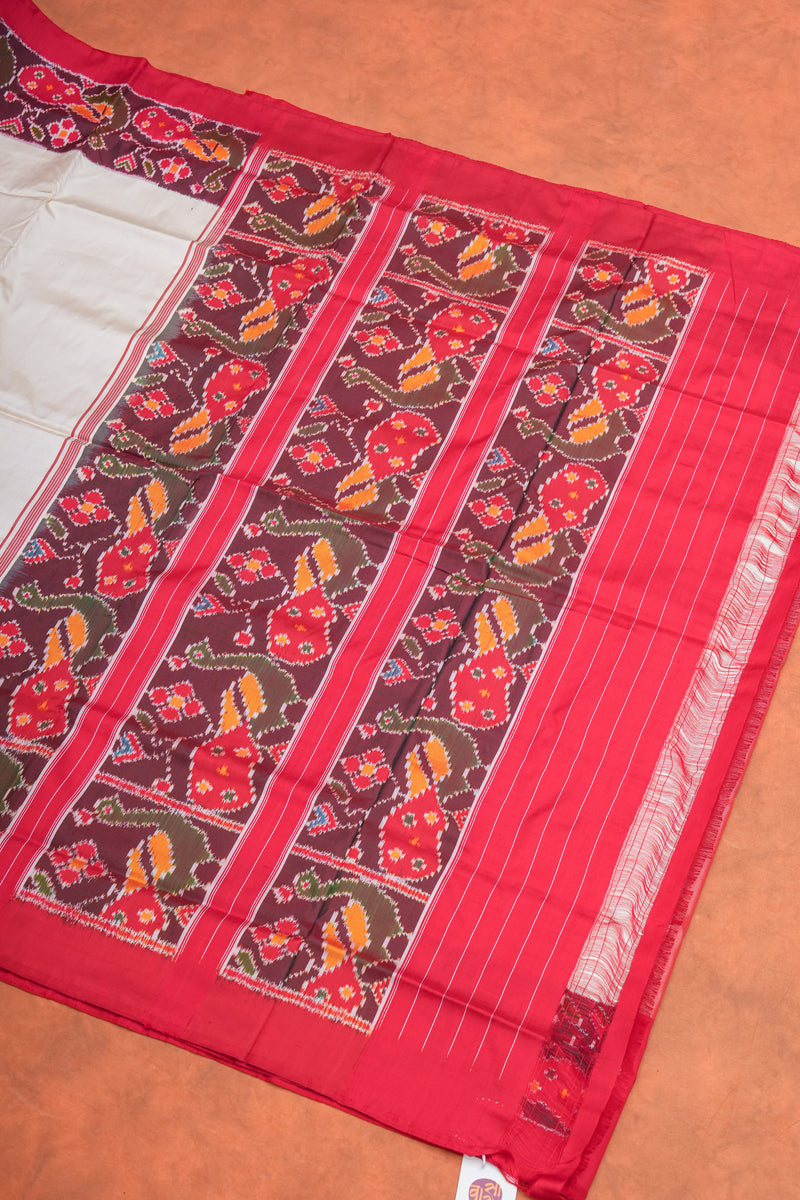 Handloom Ikat Silk Saree - Off White Red Border