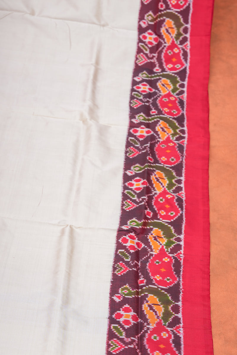 Handloom Ikat Silk Saree - Off White Red Border