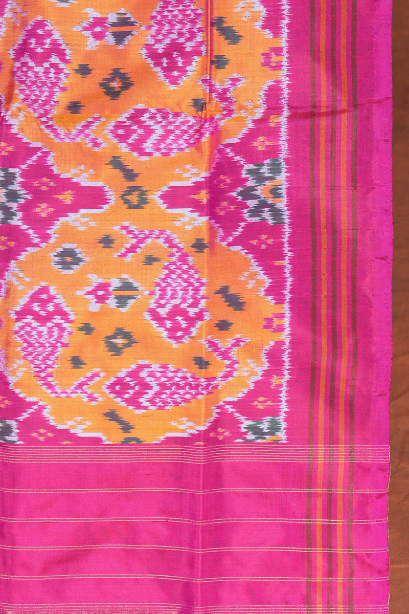 Handloom Ikat Silk Saree- Yellow Pink FIsh Motif