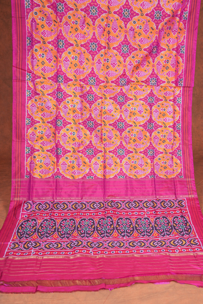 Handloom Ikat Silk Saree- Yellow Pink FIsh Motif