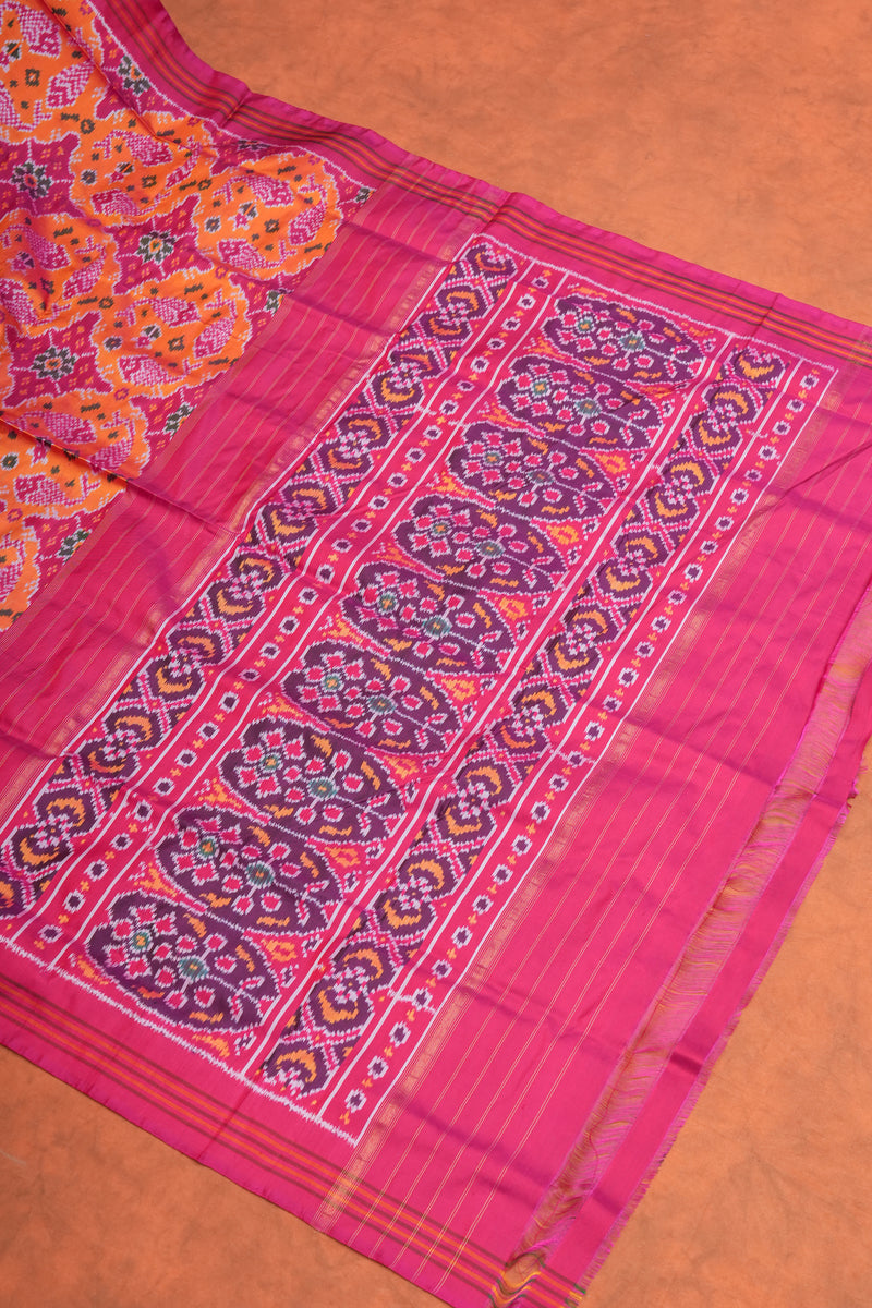 Handloom Ikat Silk Saree- Yellow Pink FIsh Motif