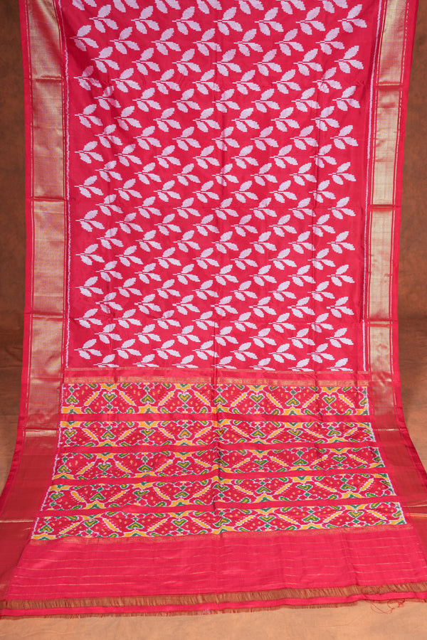 Handloom Ikat Silk Saree-Red White Floral Motif