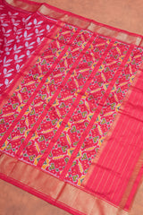 Handloom Ikat Silk Saree-Red White Floral Motif