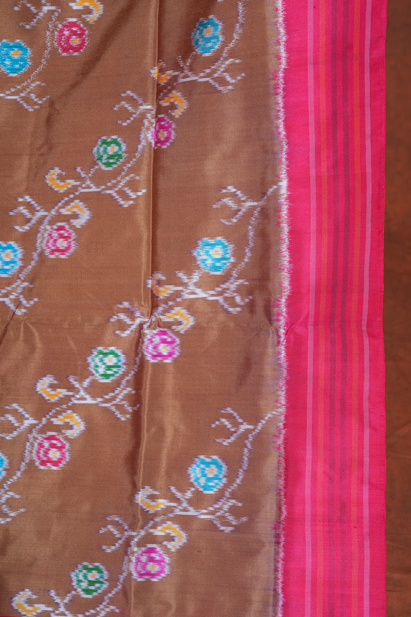 Handloom Twill Double Ikat Silk Saree- Gold floral