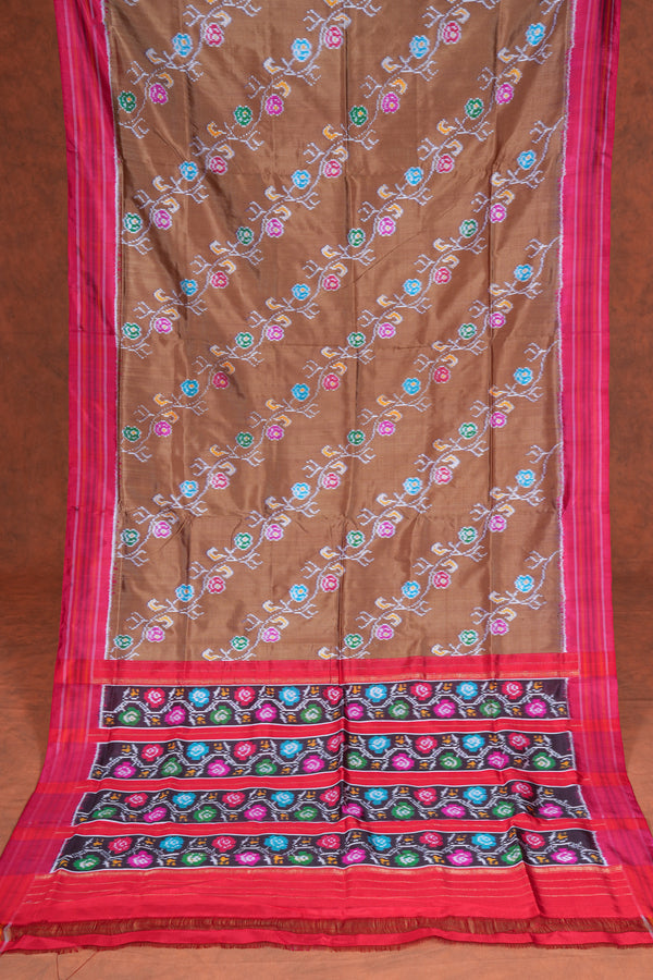 Handloom Twill Double Ikat Silk Saree- Gold floral