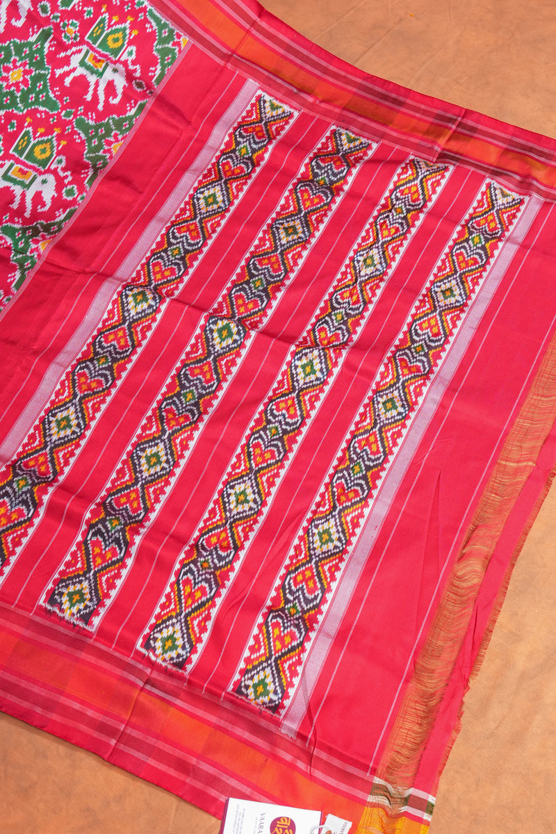 Handloom Double Ikat Twill - Red Green Elephant Motif