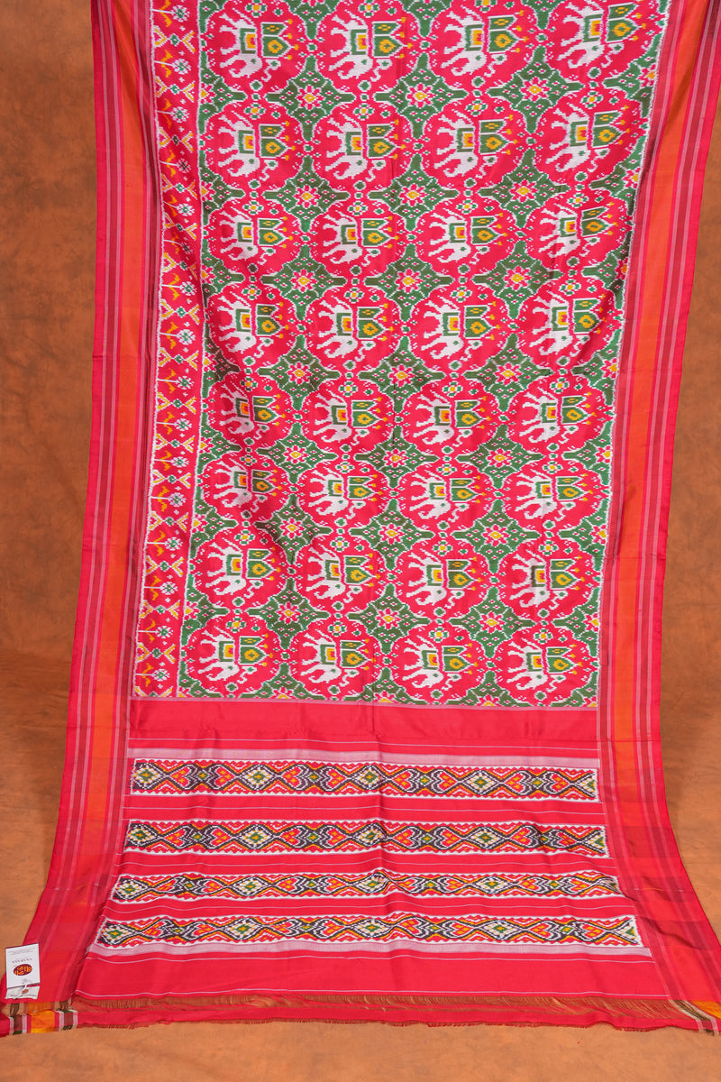 Handloom Double Ikat Twill - Red Green Elephant Motif