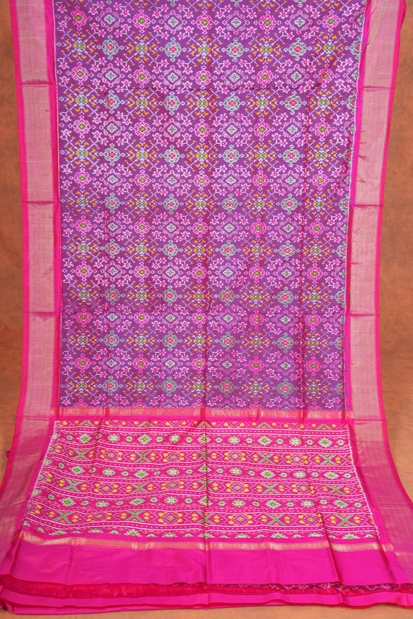 Handloom Ikat Silk Saree-Purple Pink With Pink Green Motif