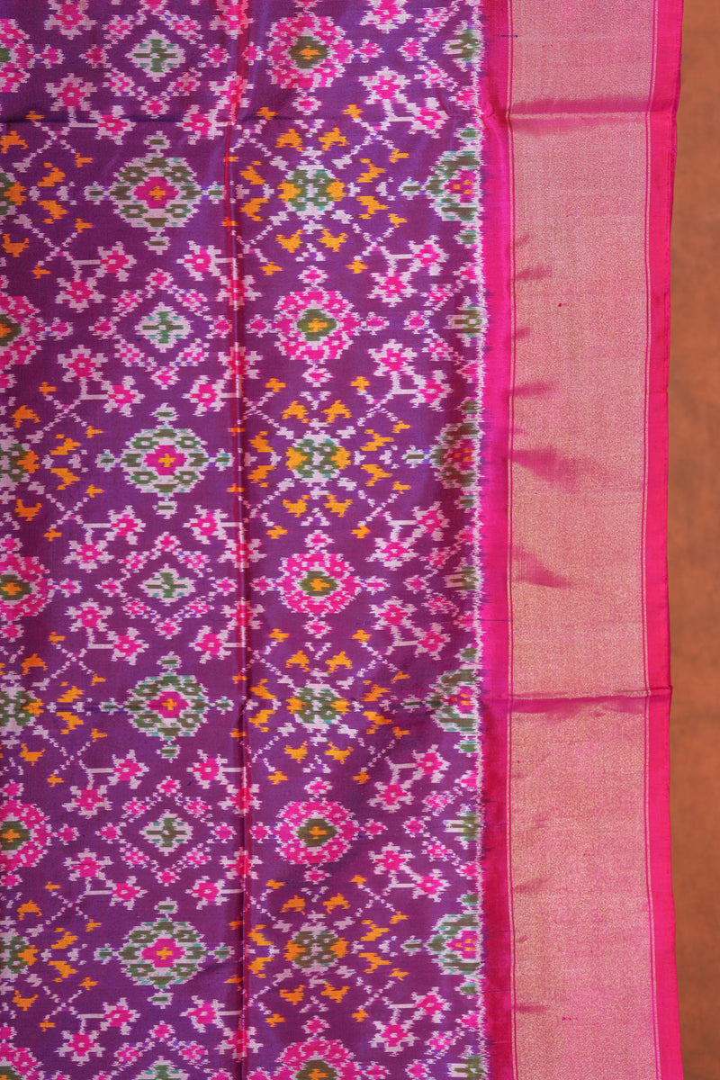 Handloom Ikat Silk Saree-Purple Pink With Pink Green Motif