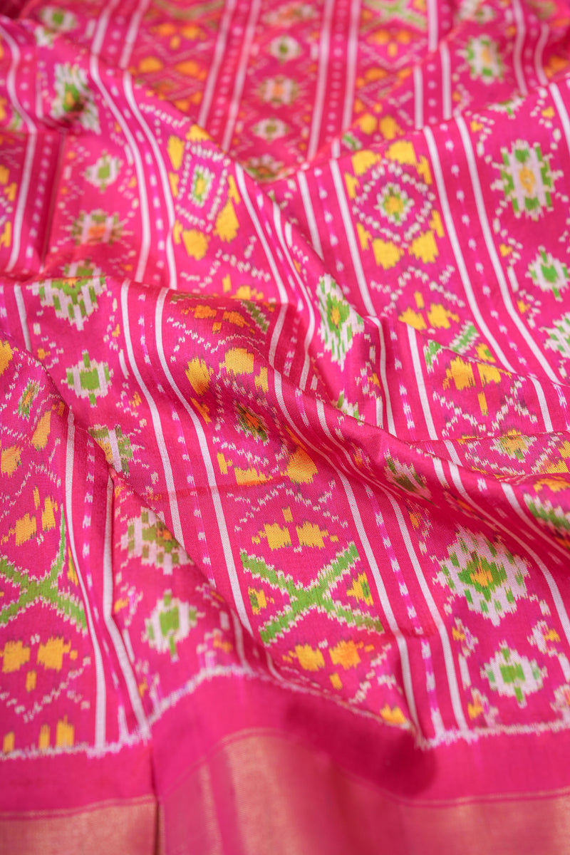 Handloom Ikat Silk Saree-Purple Pink With Pink Green Motif