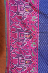 Handloom Twill Double Ikat Silk Saree - Blue Stripes Pink Elephant Border